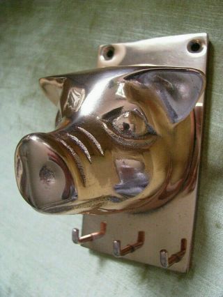 Vintage Copper Plated Pig Head Key/utensil Hook: 3 Hooks,  Wall Mount,  4.  75 X 2.  5