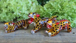 Set Of 3 Small Tigers Handmade & Painted From Olinalá Guerrero Mexican Folk Art