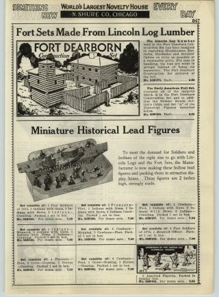 1932 Paper Ad 2 Pg Lincoln Logs Miniature Historical Lead Soldiers Cowboys,