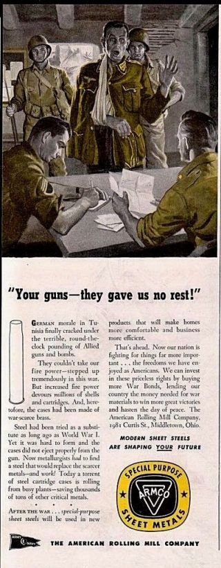 1943 F Ad American Rolling Mill Germans " Your Guns Gave Us No Rest " Surrender