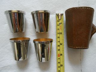 Silver Plated Whiskey Cups In Leather Case.  Simpsons Picadilly Ltd.  Gold Lined.