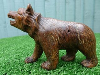19thc Black Forest Wooden Oak Carving Of Brown Bear With Nail Eyes C1880s