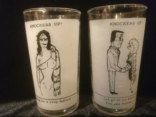 Set Of 2 Vintage Mid Century Knockers Up Tumbler Bar Glasses Risque.  Funny.