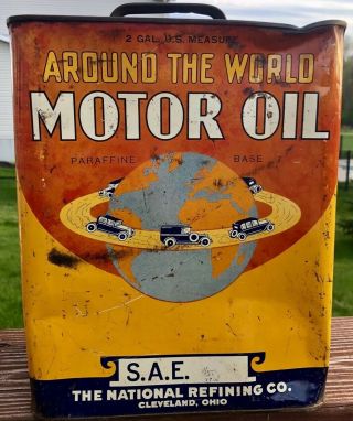 Antique En Ar Co Around The World Oil Can 2 Gallon