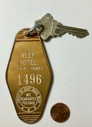 The Reef Hotel Waikiki Hawaii Room 1496 Vintage 1960’s Era Key Tag Fob Hi