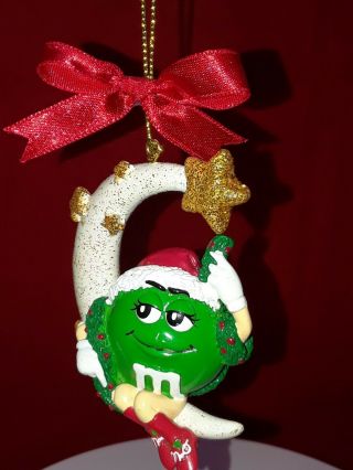 Green M&m Sitting On The Moon Christmas Ornament Santa Hat Red Boots