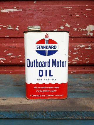Standard Outboard Motor Oil Metal Quart Can Vintage Good Graphics Boat Mower Cap