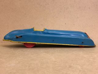 Vintage Tin Toy Car Wind Up Blue Yellow Wood Wheels