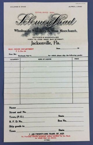 C1920s Solomon Shad The Whiskey Man Price Sheet Mail Order Form Jacksonville Fl