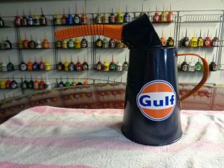 Gulf Chevron Gas 1/2 Gallon Motor Oil Can Bucket Gasoline Station Filler Spout