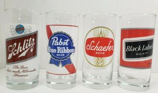 Four 5.  25 " Beer Glasses Vtg Schlitz Schaefer Black Label And Pabst Blue Ribbon