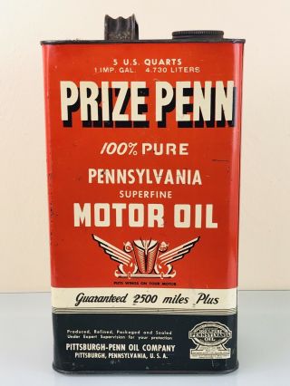Prize Penn Superfine Motor Oil Can 5 Quarts Gas & Oil Advertising 5
