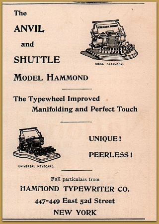 1893 Hammond Typewriter Office Anvil Shuttle Print Ad