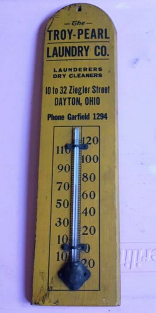 Old Wood Advertising Thermometer Dayton Oh Troy - Pearl Laundry Co Dry Cleaners