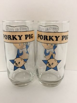 2 VTG 1966 PORKY PIG PEPSI LOONEY TUNES COLLECTORS GLASS THAT ' S ALL FOLKS VGC 2