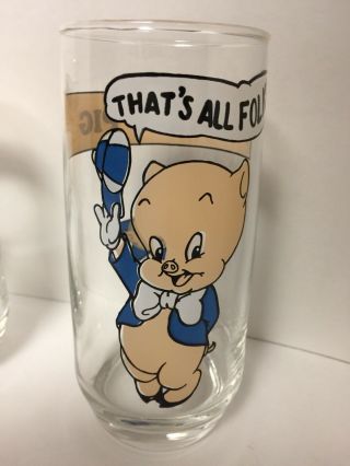 2 VTG 1966 PORKY PIG PEPSI LOONEY TUNES COLLECTORS GLASS THAT ' S ALL FOLKS VGC 4
