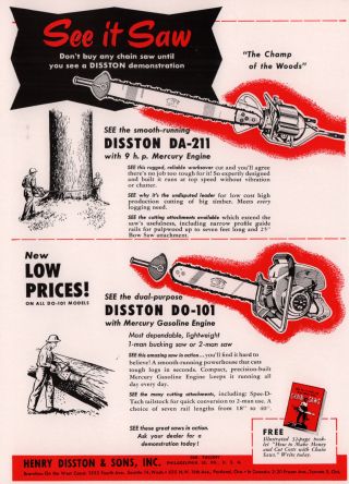 1953 Ad Disston Da - 211 Chainsaw Mercury Engine Do - 101 Bucking Saw