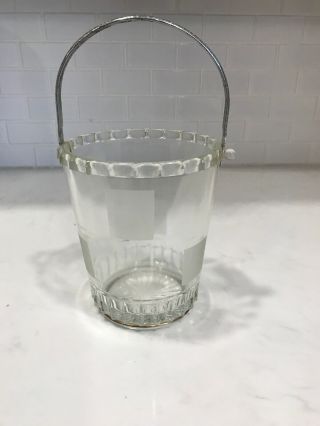 Vintage Glass Ice Bucket With Geometric Squares And Metal Handle 6 " X 5 "