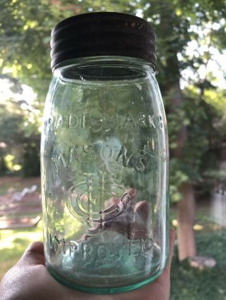 Antique Trademarks Masons Cfjco Improves Midget Pint Aqua Mason Fruit Jar