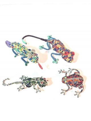 Bead And Wire Folk Art Frog And Lizard Sculptures