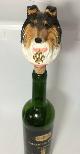 Collie Sheltie dog cork wine stopper sculpture painting hand made art 2