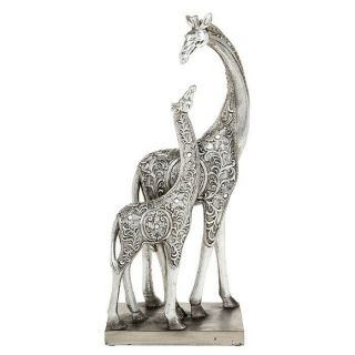 Tall Mother And Baby Giraffe On Stand 39cm Figurine Ornament Silver Filigree