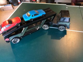 Vintage Mighty Tonka Truck Metal Car Carrier Hauler Black 1984 Rare With Cars