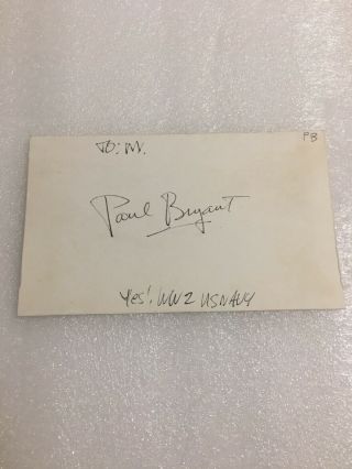 Paul “bear” Bryant Signed Card With Autographed Note Alabama Football Coach