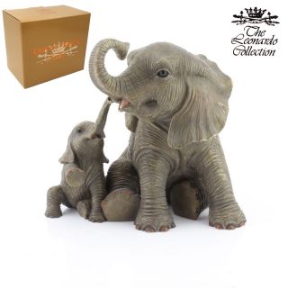 African Elephant Mother & Calf Figurine Resin Wild Animal Ornament Gift Boxed