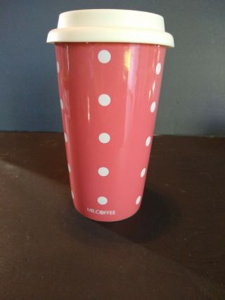 " Mr Coffee " Pink Ceramic Travelers Coffee Mug With Rubber Lid.