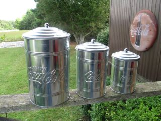 Coca - Cola Set Of 3 Galvanized Canisters Storage Containers Cookie Jar