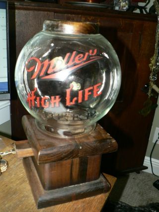 Antique Miller High Life Beer Glass Peanut / Candy Wooden Dispenser Folk Art