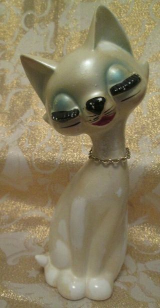 Vtg Ceramic Kitty Cat Hand Painted Exaggerated Big Eyes Figurine