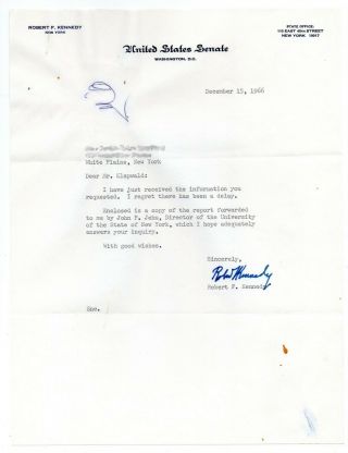 Robert F.  Kennedy Signed Autographed Letter,  U.  S.  Senate