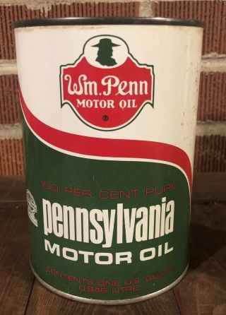 Vtg Nos Wm Penn Pennsylvania Motor Oil 1 Quart Oil Tin Can Cleveland Ohio Full