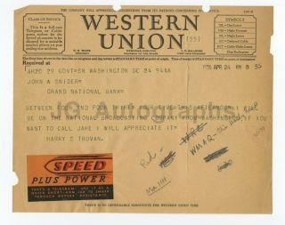 Harry S.  Truman 1936 Telegram Sent To Future Secretary Of Treas.  John Snyder