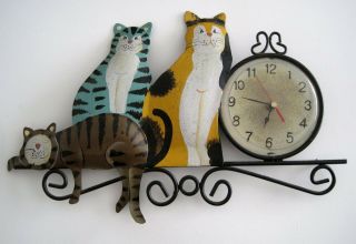 Metal Art Kitty Cats Wall Clock Folk Art Whimsical Picture Frame Tabby Calico
