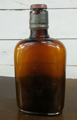 Rare Antique Brown Glass Flask Marked 953 On Base Crown On Stopper
