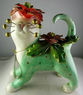 Amy Lacombe Whimsiclay Poinsettia Cat Figurine - Green Body Gold Dots,  Flowers