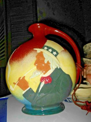 Royal Doulton Kingsware Uncle Sam.  Dewars Whiskey Flask Raised Enamel Relief