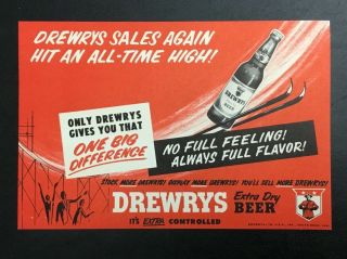 Vintage Drewrys Beer Skiing Advertising Sign Postcard Poster Rare South Bend,  In
