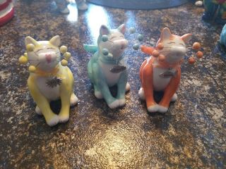 Whimsiclay Cats Figurines Set Of Three Joy Dream Believe Yellow Teal Orange