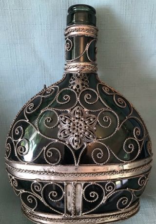 Exquisite “vintage” Green Glass Bottle; Intricate Wire Wrapped
