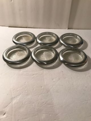 Vintage Set Of 6 Sterling Silver Coasters With Etched Glass