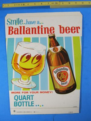 Ballantine Beer Smile Quart Bottle Cardboard Sign Store Display Nos