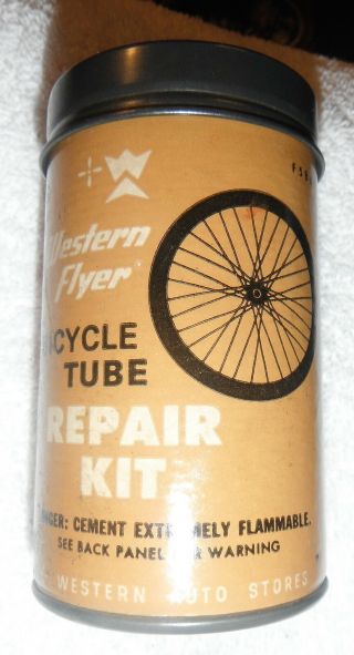 Vintage Western Auto Flyer Bicycle Tire Repair Cardboard Tube,  Tin Lid,  Can,  Bike