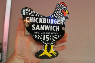 Neat Chickburger Sanwish 15 Cent Porcelain Metal Sign Chicken Diner Drive In Gas