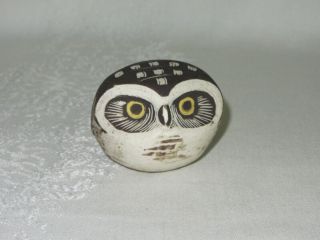 Small Vintage Etched Pottery Owl Bird Figurine Round Signed Mexican ?