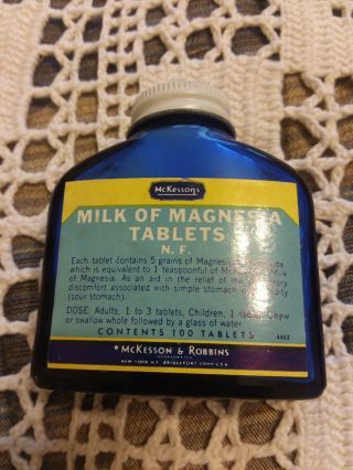 Vintage Colbalt Blue Glass Bottle Milk Of Magnesia Tablets Full Mckessons