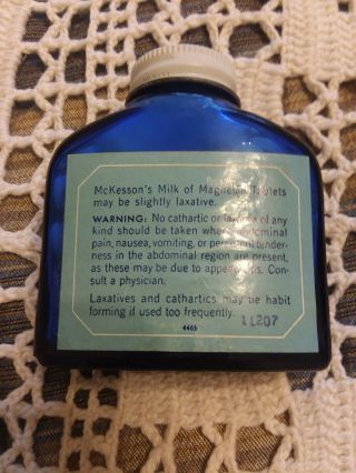 VINTAGE COLBALT BLUE GLASS BOTTLE Milk Of Magnesia Tablets FULL Mckessons 2